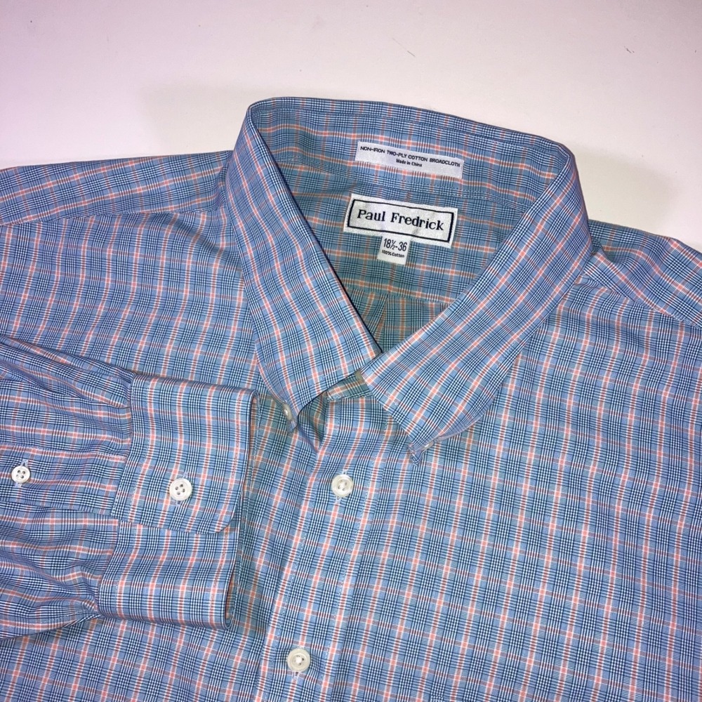 Paul Fredrick Mens 18.5 36 Blue Orange Plaid Non-Iron Cotton Broadcloth Shirt